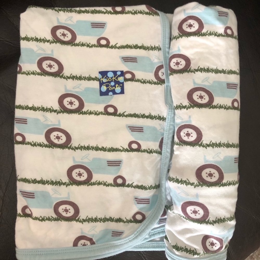 - Kickee pants organic bamboo viscose tractor blanket blue tractor green grass